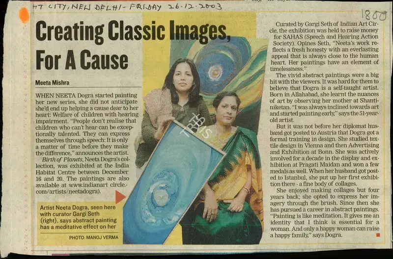 Meeta Mishra (Reporter), Creating Classic Images, For a Cause, 2003, Newspaper Clipping