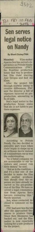 Bharati Dubey (Reporter), Sen Serves Legal Nondy, 2006, Newspaper Clipping