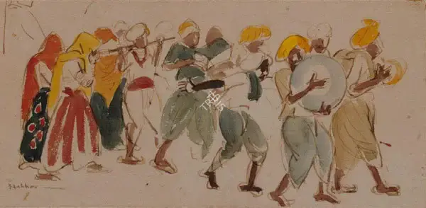 K.K. Hebbar (Artist), A Musical Procession, 1961, Painting