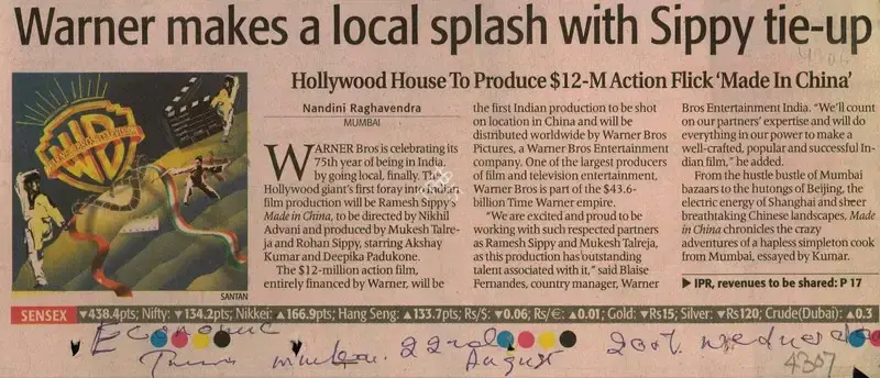 Nandini Raghavendra (Reporter), Warner Makes a local splash with sippy tie-up, 2007, Newspaper Clipping