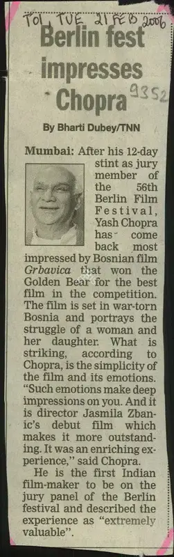 Bharati Dubey (Reporter), Berlin Fest Impresses Chopra, 2006, Newspaper Clipping