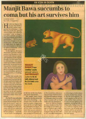 Kishore Singh (Reporter), Manjit Bawa Succumbs to Coma but his Art Survives him, 2008, Newspaper Clipping