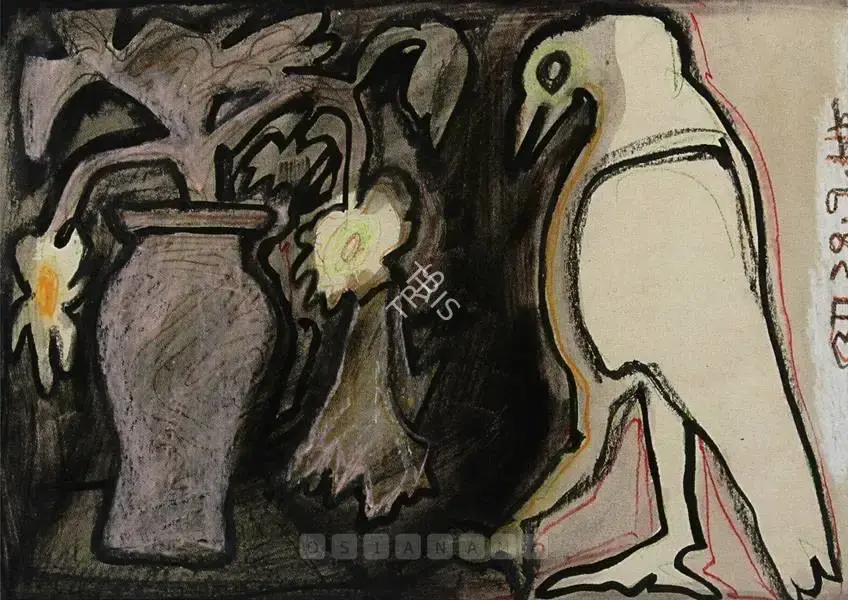 Jogen Chowdhury (Artist), Untitled (Still Life With Bird), 1988, Painting