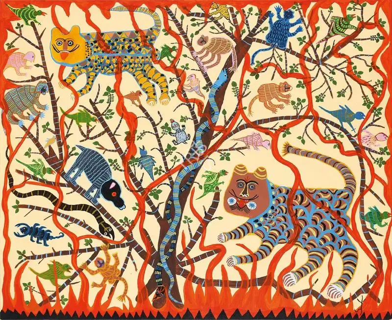 Jodhaiya Bai Baiga (Artist), Bandhavgarh Ka Jalta Jungle, 2022, Painting