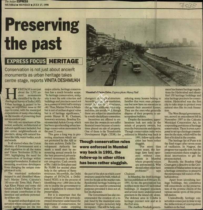 Vinita Deshmukh (Reporter), Preserving the past, 1998, Newspaper Clipping