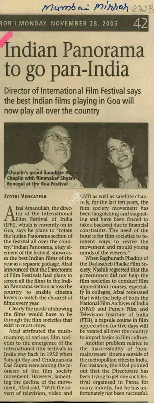 Jyothi Venkatesh (Writer), Indian Panorama to Go Pan-India, 2005, Newspaper Clipping