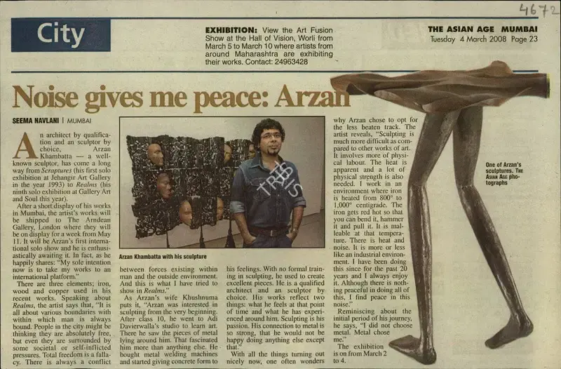 Seema Navlani (Reporter), Noise Gives me Peace: Arzan, 2008, Newspaper Clipping