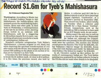 Chidanand Rajghatta (Writer), Record $1.6M For Tyeb's Mahishasura, 2005, Newspaper clipping