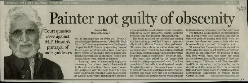 Naziya Alvi (Reporter), Painter Not Guilty of Obscenity, 2008, Newspaper Clipping