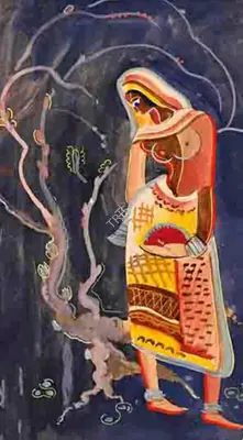 V.S. Adulkar (Artist), Standing lady, Painting
