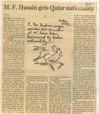 N. Ram (Reporter), M. F. Husain Gets Qatar Nationality, 2010, Newspaper Clipping