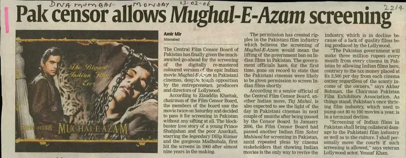 Amir Mir (Writer), Pak Censor Allows Mughal-E-Azam Screening, 2006, Newspaper Clipping
