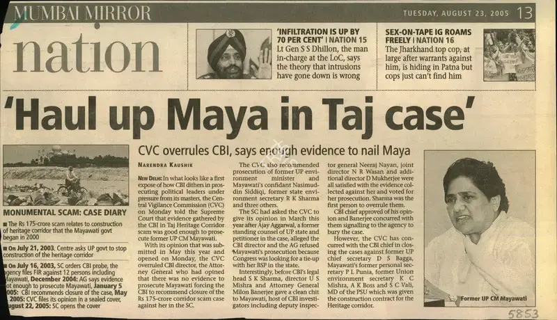 Narendra Kaushik (Reporter), Haul Up Maya in Taj Case, 2005, Newspaper Clipping