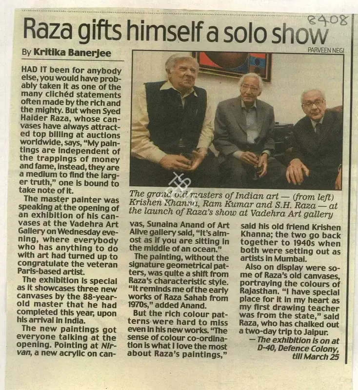 Kritika Banerjee (Reporter), Raza Gifts himself A Solo Show, 2010, Newspaper Clipping