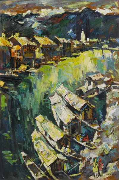 S.H. Raza (Artist), Untitled (Houseboats), 1948, Painting