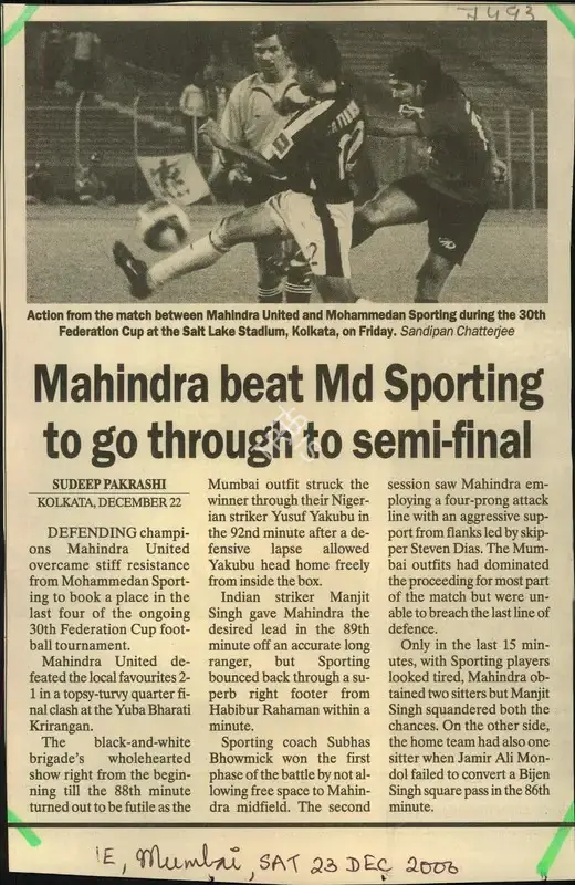 Sudeep Pakrashi (Reporter), Mahindra beat Md Sportig to go Through to semi-final, 2006, Newspaper Clipping