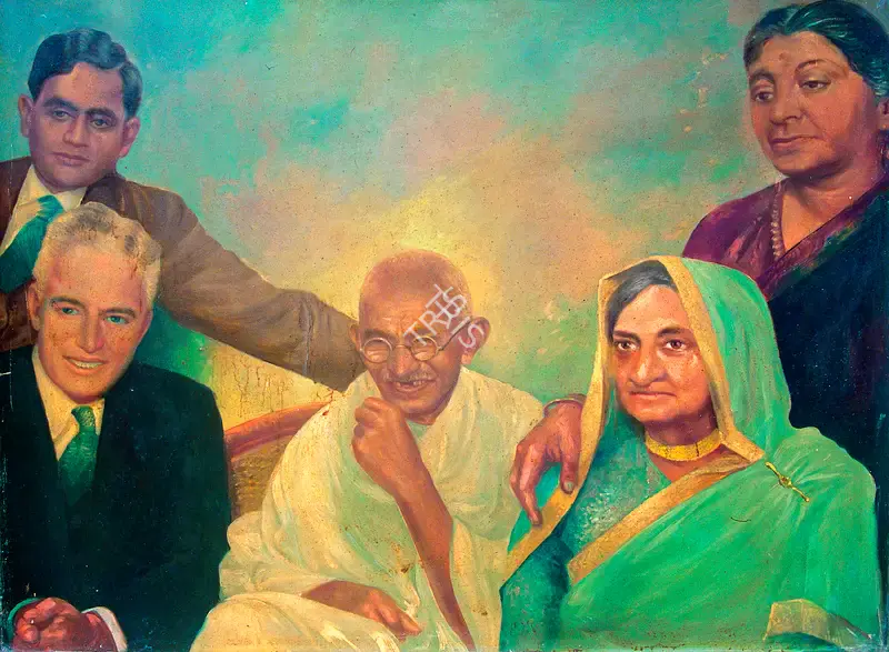 Khosa, Somnath (Artist). Gandhiji with Charlie Chaplin. Oil on Canvas, n.d. | Painting | CinemaEducation | 00440383