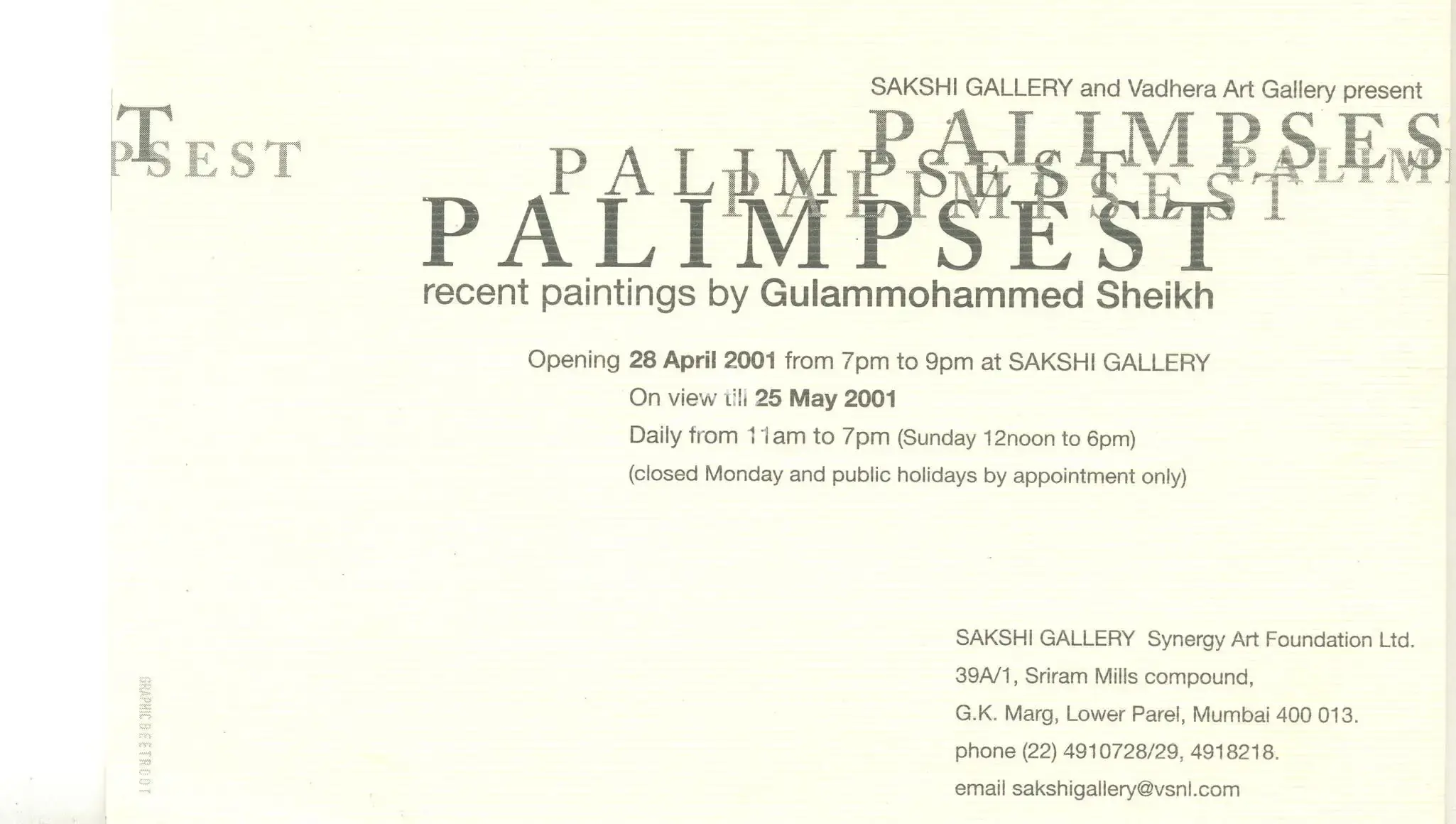 G.M. Sheikh (Artist), Palimpsest, 2001, Solo Exhibition Invitation
