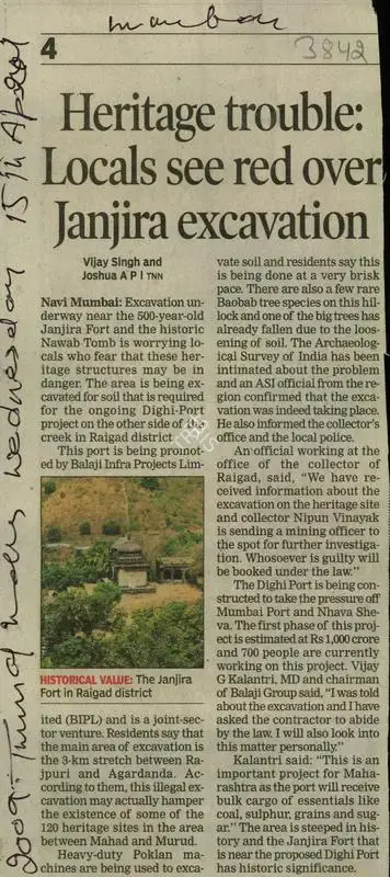 Vijay Singh (Reporter), Heritage Trouble: Locals See Red Over Janjira Excavation, 2009, Newspaper Clipping