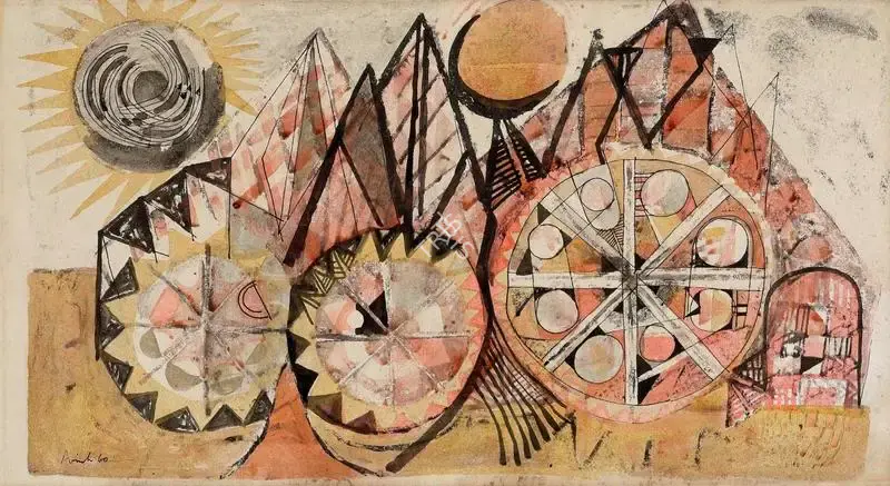 Avinash Chandra (Artist), Three Wheels, 1960, Painting