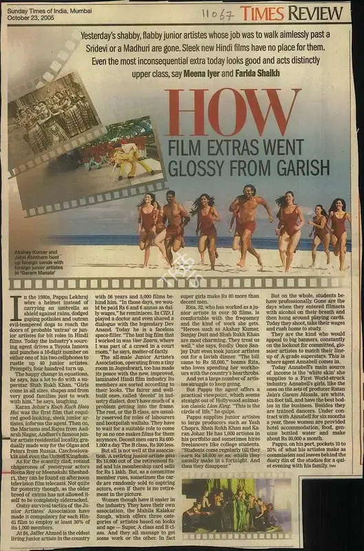 Meena Lyer (Reporter), How Film Extras Went Glossy From Garish, 2005, Newspaper Clipping