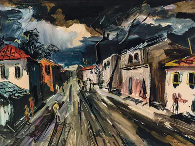 S.H. Raza (Artist), Untitled (Street Scene), 1949, Painting