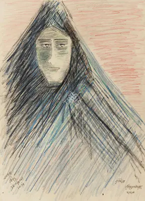Rabindranath Tagore (Artist), Untitled ( Veiled Woman ), 1935, Drawing