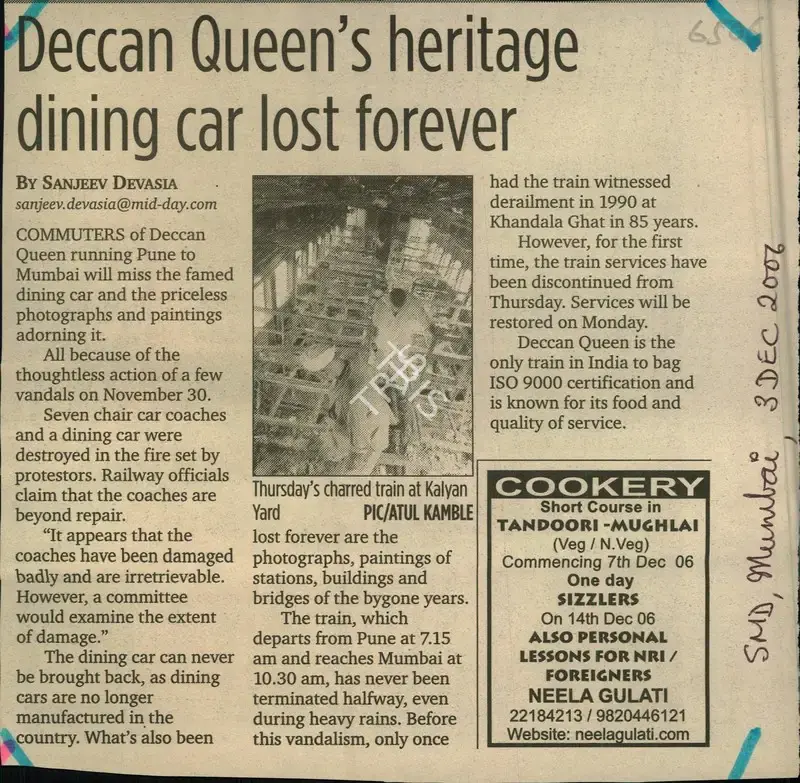 Sanjeev Devasia (Reporter), Deccan Queen's Heritage Dining car lost forever, 2006, Newspaper Clipping