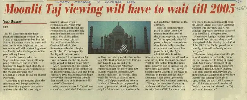 Vijay Upadhyay (Reporter), Moonlit Taj Viewing has to Wait till 2005, 2004, Newspaper Clipping