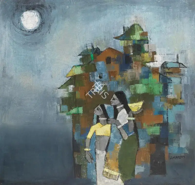 Murli Lahoti (Artist), Untitled (Riverside village with two women), Painting