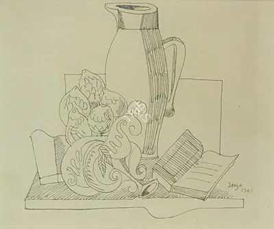 F.N. Souza (Artist), Still Life with Jug, 1949, Drawing