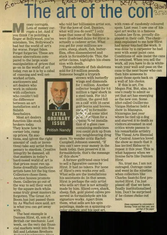 Pritish Nandy (Reporter), The Art of the Con, 2008, Newspaper Clipping
