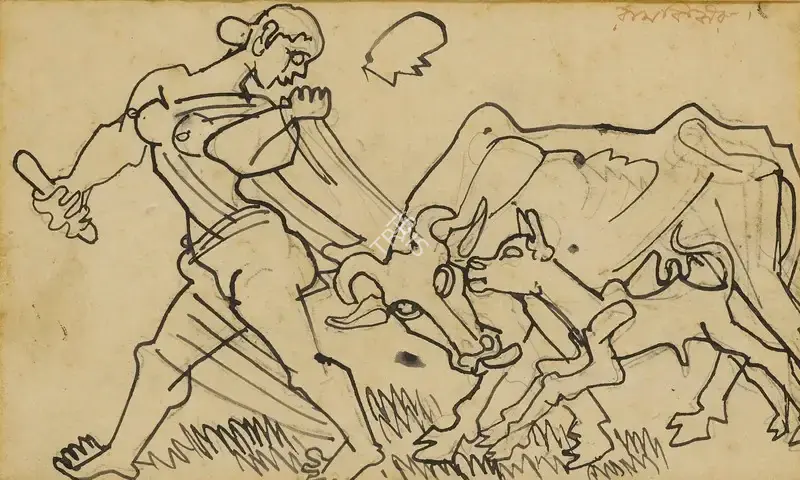 Ramkinkar Baij (Artist), Untitled (Holokorshon Utsav/ Ploughing Festival), 1979, Drawing