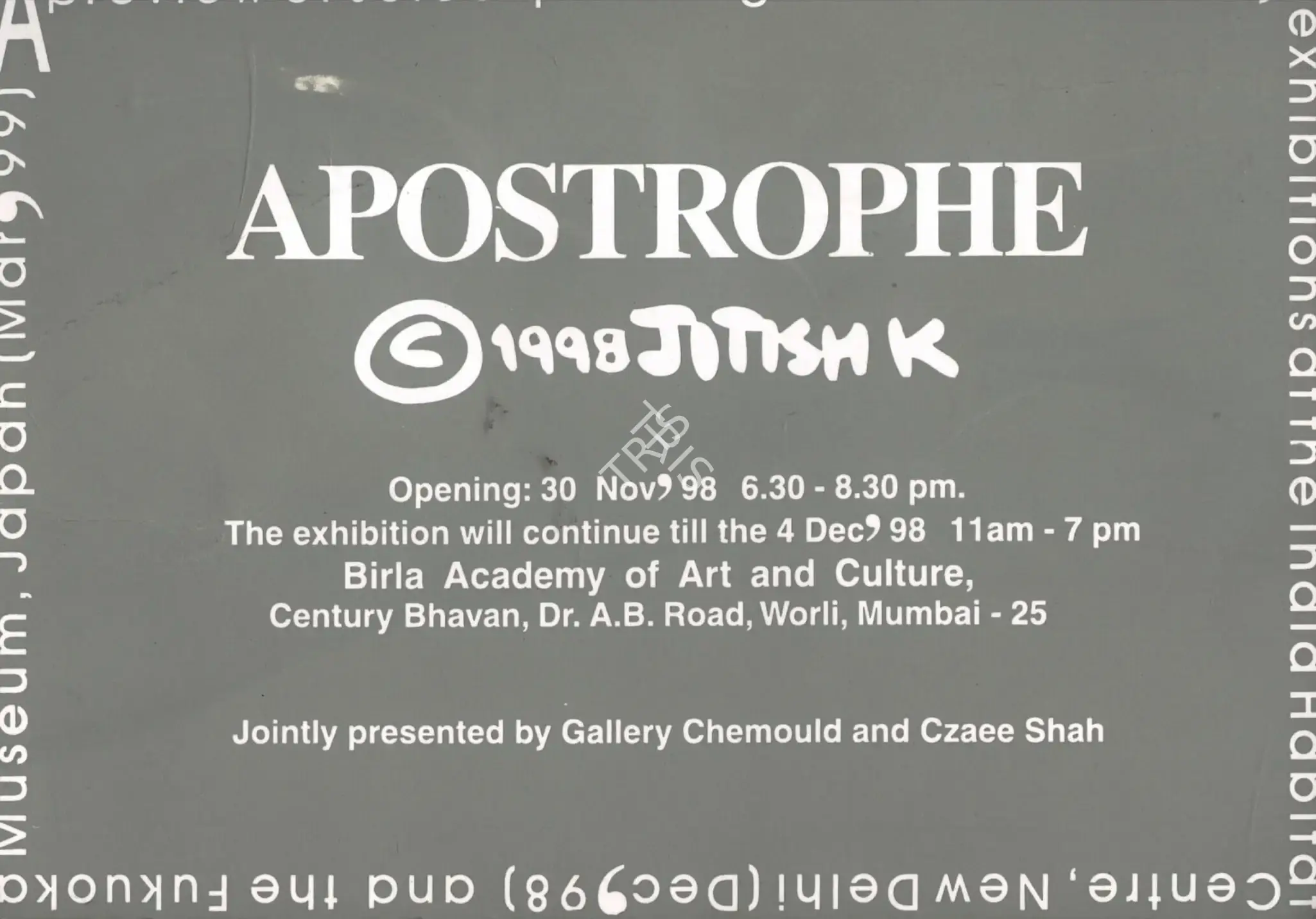 Jitish Kallat (Artist), Apostrophe, 1998, Solo Exhibition Invitation