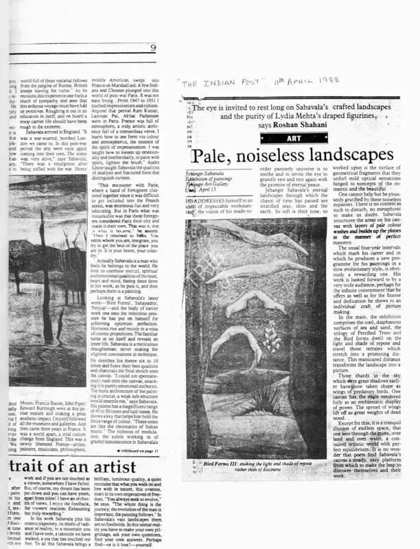 Roshan Shahani (Writer), Pale, noiseless landscapes, 1988, Newspaper Clipping