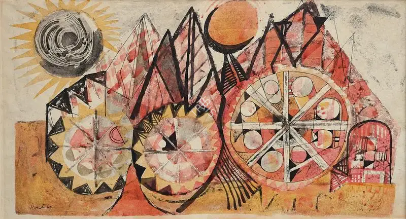 Avinash Chandra (Artist), Three Wheels, 1960, Painting