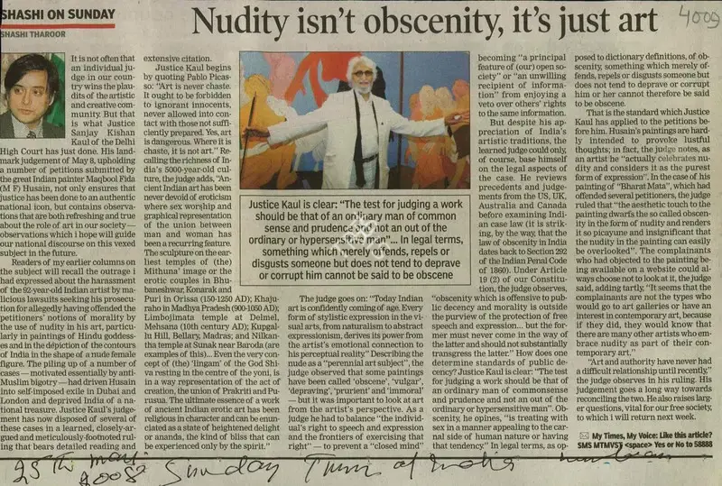 Shashi Tharoor (Reporter), Nudity isn't Obscenity, it's Just Art, 2008, Newspaper Clipping