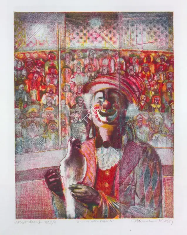 Krishna Reddy (Artist), Clown with Pigeon, 1985, Graphic Art