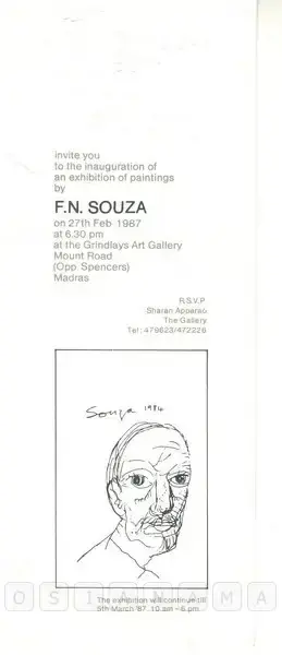F.N. Souza (Artist), F. N. Souza, 1987, Solo Exhibition Invitation