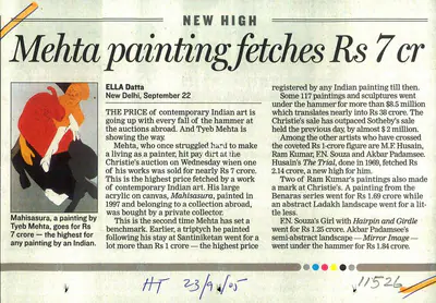 Ella Datta (Writer), Mehta Painting Feches Rs 7 Cr, 2005, Newspaper clipping