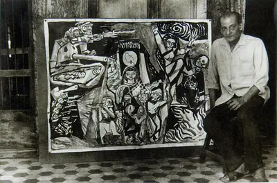 Unknown (Photographer), Chittaprosad with his painting Bangladesh War, 1972, Contemporary Photograph