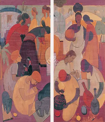 Raza, S.H. (Artist). Market Scene. Gouache on paper, 1946 | Painting  | 00877544
