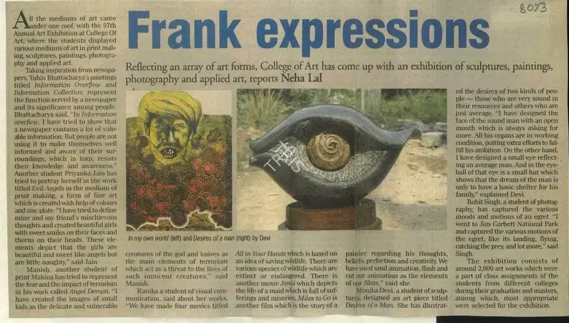 Neha Lal (Reporter), Frank Expressions, 2010, Newspaper Clipping