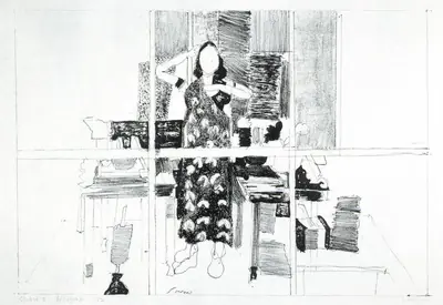 K.G. Subramanyan (Artist), Figure in Studio, 1977, Graphic Art