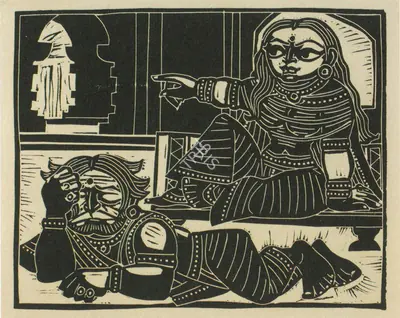 Chittaprosad (Artist), Kaikeyi orders Rama's exile; Dasharath is heartbroken, 1975, Graphic Art