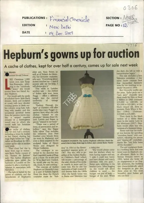 Suzy Menkes (Reporter), Hepburn's Gowns up for Auction, 2009, Newspaper Clipping