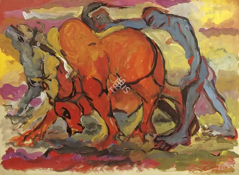 Nikhil Biswas (Artist), Ploughing The Field, 1959, Painting