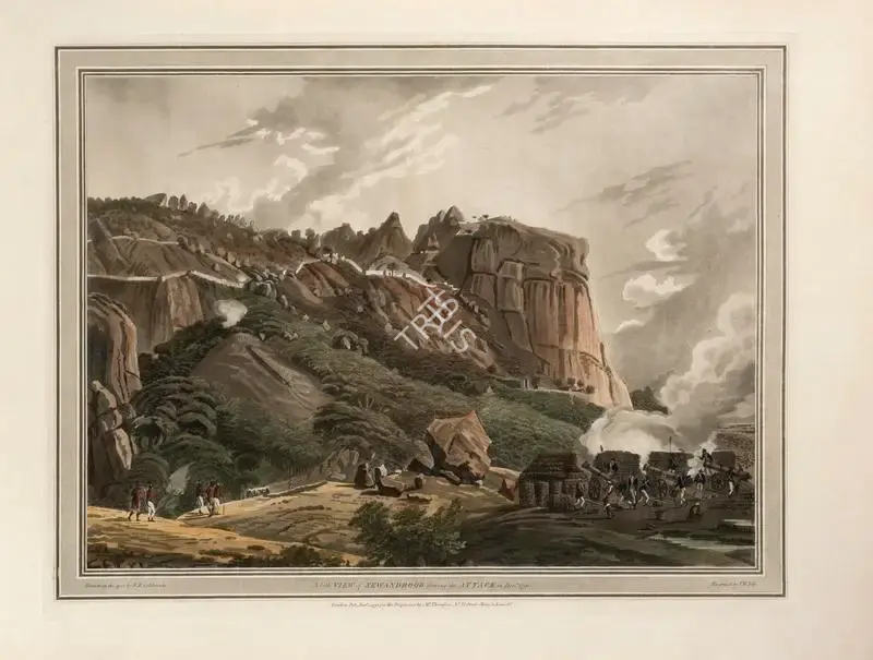 John William Edy (Engraver), North view of Sewan-Droog showing the attack in Dec, 1791, 1794, Engraving