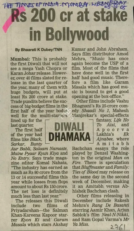 Bhaarati K. Dubey (Reporter), Rs 200 Cr At Stake in Bollywood, 2005, Newspaper Clipping