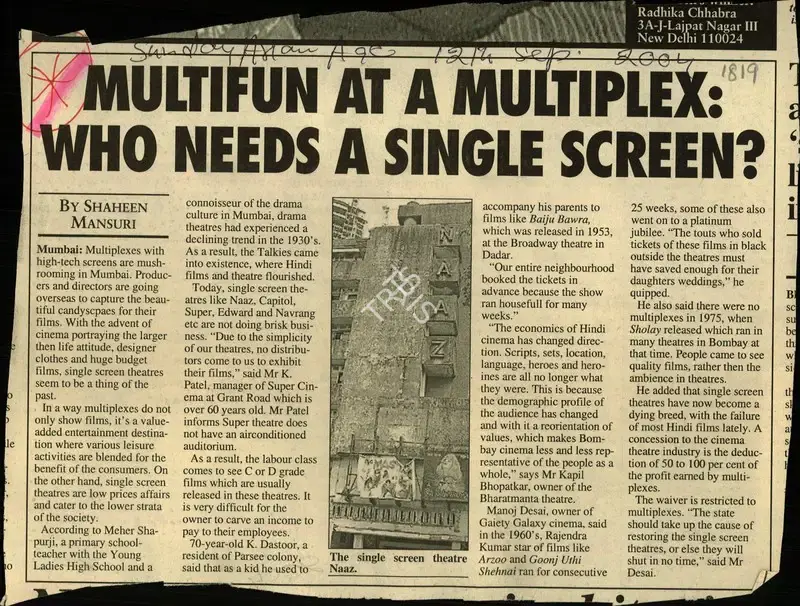 Shaheen Mansuri (Reporter), Multifun at a Multiplex: Who Needs A Single Screen?, 2004, Newspaper Clipping